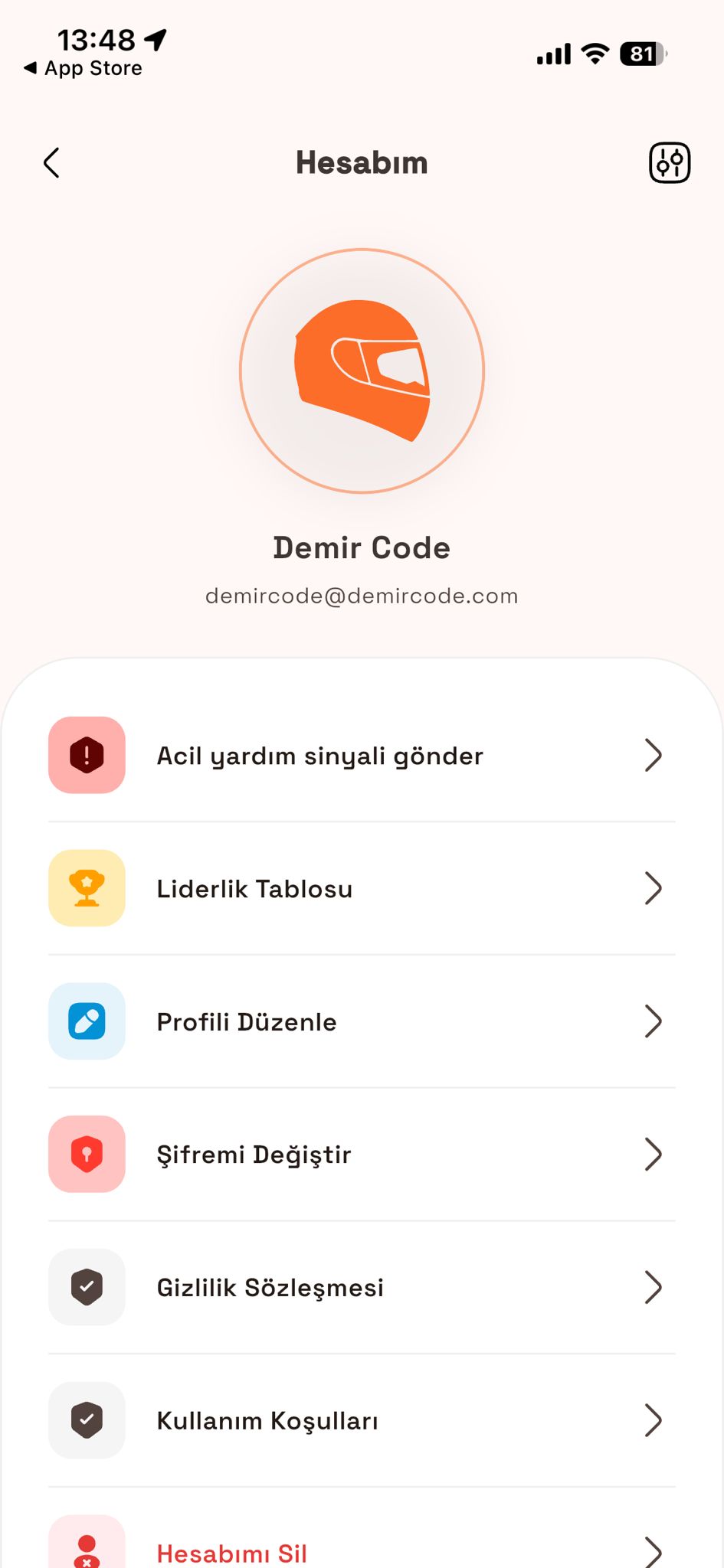 Gidonx Hesabım ekranında acil yardım sinyali gönder seçeneği