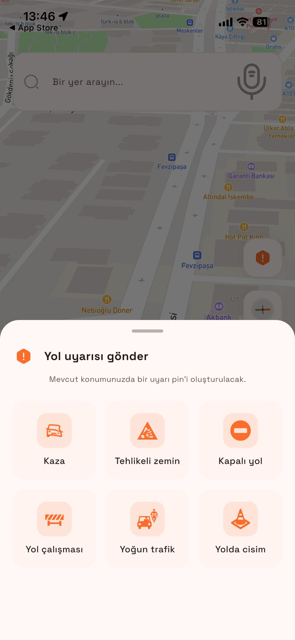 Gidonx yol uyarısı gönderme ekranı