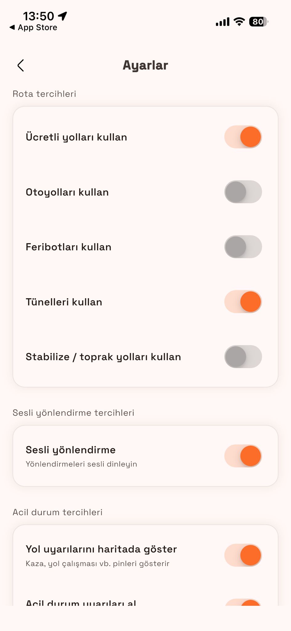 Gidonx rota tercihleri ayar ekranı